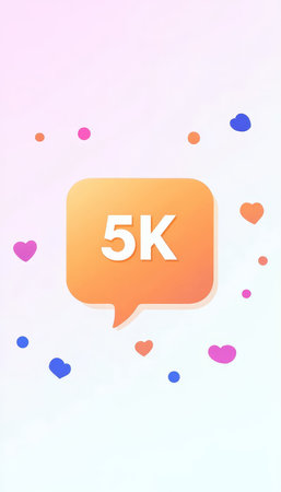 Social Media 5K Follower Celebration, Orange Speech Bubble With Hearts On Gradient Backgroundの素材