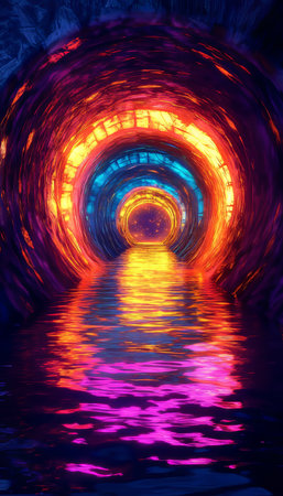 Neon Tunnel, Abstract Digital Art, Colorful Light Streaks, Curved Passage, Vivid Reflectionsの素材
