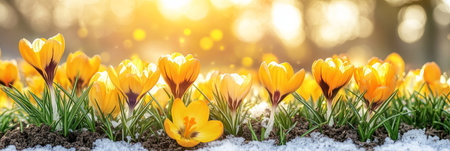 Yellow Crocuses in Spring Sunshine, Snow Melting, Close Up of Flowers with Bokeh Background.の素材