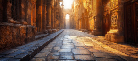 Ancient Stone Street Bathed in Golden Sunlight, Historic Architecture in Luxor, Egyptの素材