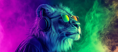 Cool Neon Party Animal Side Profile of a Lion DJ with Headphones and Sunglasses in Colorful Smokeの素材