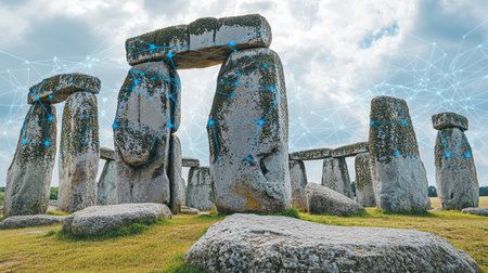 Ancient Megaliths Linked Wireless Network Among Prehistoric Stonehenge Stones Conceptの素材