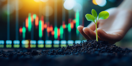 Hand Gently Holding Sprout, With Stock Market Chart Showing Growth Potential in Backgroundの素材