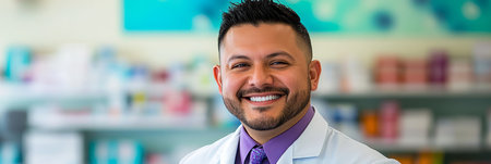 Portrait Of A Friendly Pharmacist Smiling In A Pharmacy Aisle, Healthcare And Medicine Conceptの素材