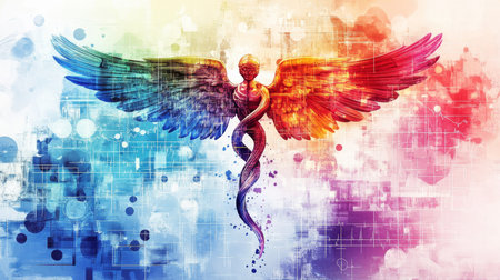 Medical Caduceus Symbol with Wings Representing Healthcare and Healing in Digital Art Style.の素材