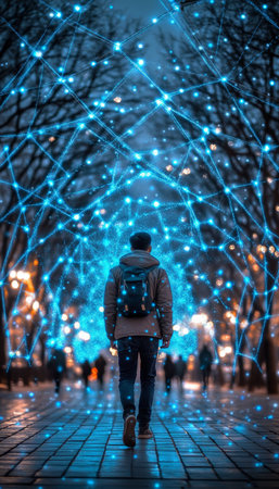 Solitary Figure Strolls through Alley of Glowing Blue Tree Lights in the Heart of Winter City.の素材