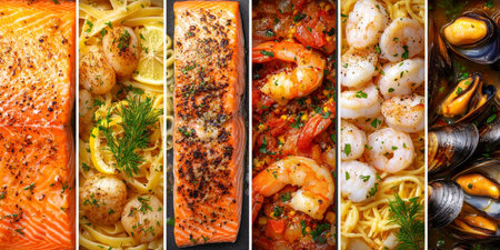 Collage of Various Seafood Dishes, Including Grilled Salmon, Scallops, Shrimp Scampi and Musselsの素材