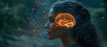 Woman with Glowing Brain, Neural Network, Artificial Intelligence, Imagination, Creativityの素材