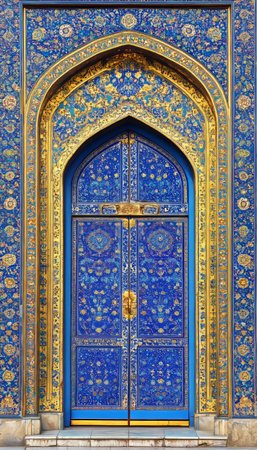 Intricate Blue Mosaic Doorway, Traditional Islamic Architecture Design Detail, Uzbekistanの素材