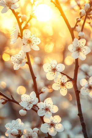 Golden Hour Bloom Close-up of White Blossoms on Flowering Tree in Springtime, Natural Lightの素材