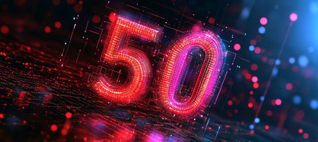 Glowing Digital Single Big 3D Number 50 in Futuristic Style on Digital Abstract Backgroundの素材