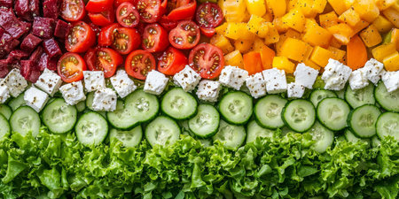 Vibrant Salad Collage Fresh Tomatoes, Crunchy Cucumbers, Colorful Peppers, and Creamy Feta Cheeseの素材