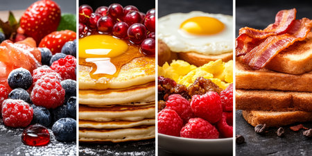 Delicious Breakfast Choices Pancakes, Sunny-Side-Up Eggs, Bacon Toast, and Fresh Fruit Saladの素材