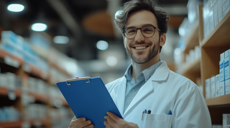 Smiling Pharmacist Holding Clipboard, Pharmacy Background with Medication Shelves, Bright and Clearの素材