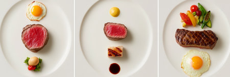 Minimalist Culinary Art Three Plates Showcasing Different Steak Cuts and Artistic Presentationsの素材