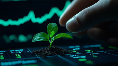 Hand Nurturing Growth Small Plant on Stock Market Data, Sustainable Investment Conceptの素材