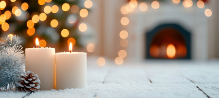 Burning Candles and Christmas Decoration, Blurred Background of Christmas Tree and Fireplace.の素材