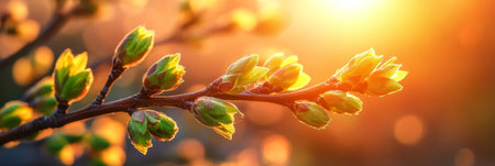 Vibrant Spring Green Freshly Unfurling Leaves Bathed in Warm, Backlit Sunlight on Branchの素材