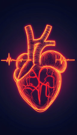 Glowing Red Human Heart with Electrocardiogram Wave on Dark Background, Vector Illustrationの素材