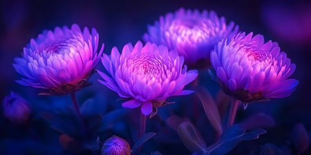 Blooming Asters in Twilight A Captivating Display of Purple Flowers Under a Moody Skyの素材