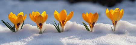 Five Yellow Crocus Flowers Emerging From Snow, a Sign of Spring and Renewal, Nature s Beautyの素材