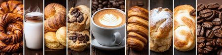 Freshly Baked Pastry and Latte Collage Aromatic Coffee and Delicious Baked Goods for Breakfastの素材