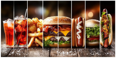 Classic American Fast Food Collage Burger, Fries, Hot Dog, Chicken Nuggets, and Sodaの素材