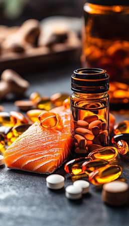 Fish Oil, Vitamin D, Omega 3 Supplements, Salmon, and Pills Healthy Nutrition Concept.の素材