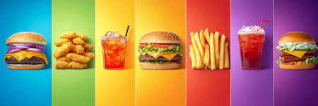 Classic Fast Food Favorites Burger, Fries, Soda, And Nuggets Isolated On Vibrant Backgroundの素材