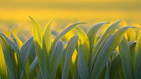 Dew-Kissed Blades Fresh Green Leaves Glisten in Diffuse Sunlight, Close-Up, Springtime Growthの素材