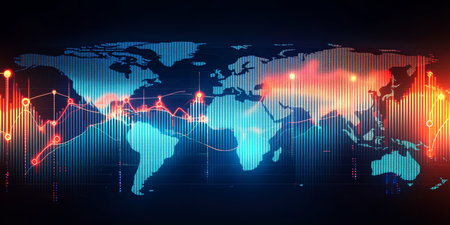 Global Economic Trends Fluid Line Graphs and Data Points on World Map in Vivid Colorsの素材