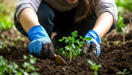 Woman s Hands Gently Planting Seedling in Soil, Sustainable Gardening and Growth Concept.の素材