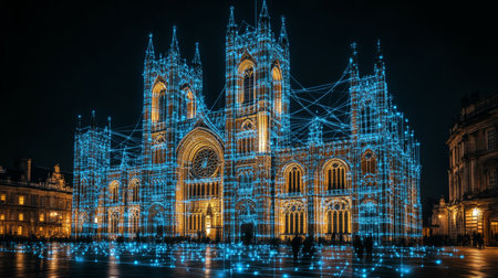 Westminster Abbey Illuminated in a Digital Network of Blue Dotted Lines at Night, London, UKの素材