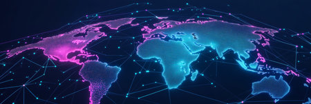 Global Connectivity Blue and Pink World Map with Futuristic Network Visualization, 3D Renderの素材