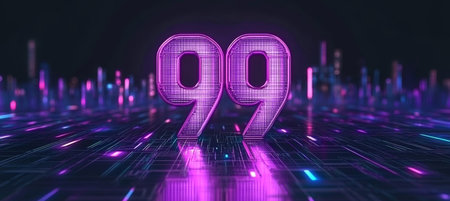 Glowing Purple Neon Digital Number 99 on Dark Futuristic Cityscape Background, Renderingの素材