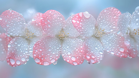 Delicate White and Pink Apricot Flowers in Bloom, Covered in Dewdrops on a Spring Morningの素材