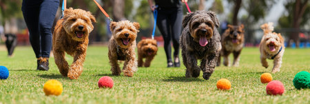 Happy Dogs, Sunny Day, Park Fun A Pack of Energetic Pups Enjoy a Playful Walk in the Green Grass.の素材