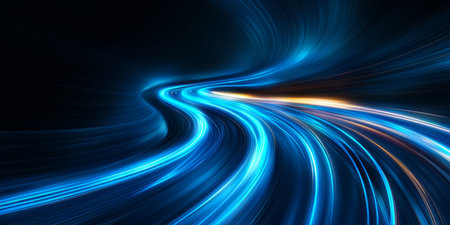 Light Streaks on Winding Night Road, Abstract Long Exposure Photography With Blue Trailの素材