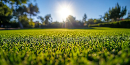 Vibrant Green Lawn Bokeh Effect, Sun Shining through Trees, Scenic Summer Background.の素材