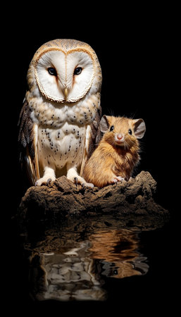 Barn Owl and Vole A Captivating Wildlife Portrait with a Reflection, on Black Backgroundの素材