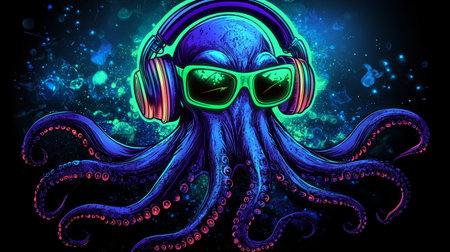 Neon Party Octopus A Cool DJ with Headphones and Sunglasses against a Vibrant, Dark Backgroundの素材