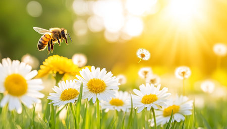Field of White Daisies and Yellow Dandelions in Bright Daylight, Spring Bloom Close-upの素材