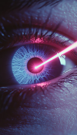 Futuristic Vision. Blue Eye With Pink Laser Beam, Representing Advanced Tech in Healthcare.の素材