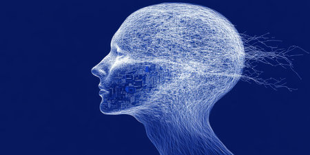 Abstract Human Head Profile Composed of Circuit Boards and Binary Code, Technology Concept on Blueの素材