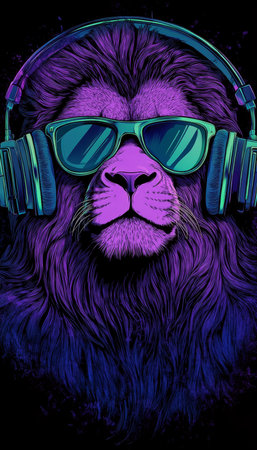 Cool Neon Party Lion DJ Wearing Stylish Headphones and Sunglasses with a Confident Expressionの素材