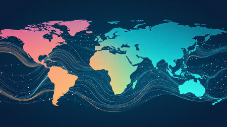 Abstract Data Flow on Global Map, Data Visualization with Vibrant Colors and Interconnected Networksの素材