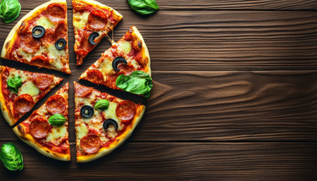 Delicious Pepperoni Pizza Slices with Basil and Olives on Rustic Wooden Table, Top View, Copy Spaceの素材