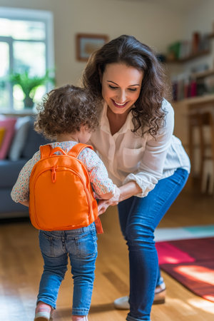 Smiling Mother Helping Her Daughter Put On Her Bright Orange Backpack, Ready for Schoolの素材