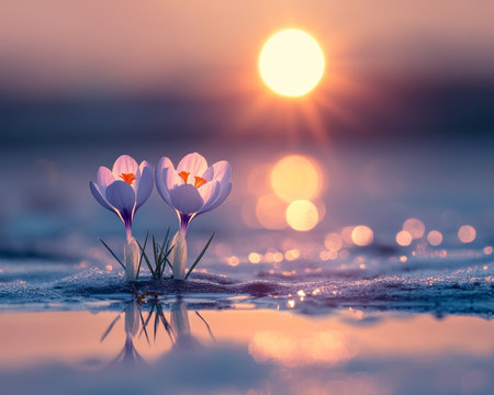First Signs of Spring. Gentle Crocus Flowers Bloom by the Lake in the rays of the Setting Sun.の素材