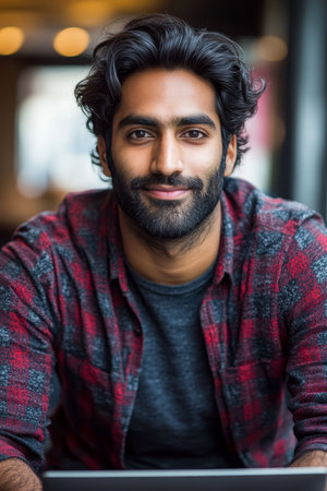 Portrait of a Confident Man Handsome Male in Checkered Shirt, Smiling, Indoors Setting.の素材
